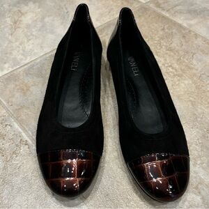 Vaneli Ballet Flats Womens 7 Slim Black Suede with Brown Cap Toe